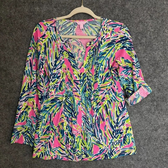 Lilly Pulitzer Top Women's Pink Blue Green Braylen Roll Tab Sleeve - Picture 3 of 11
